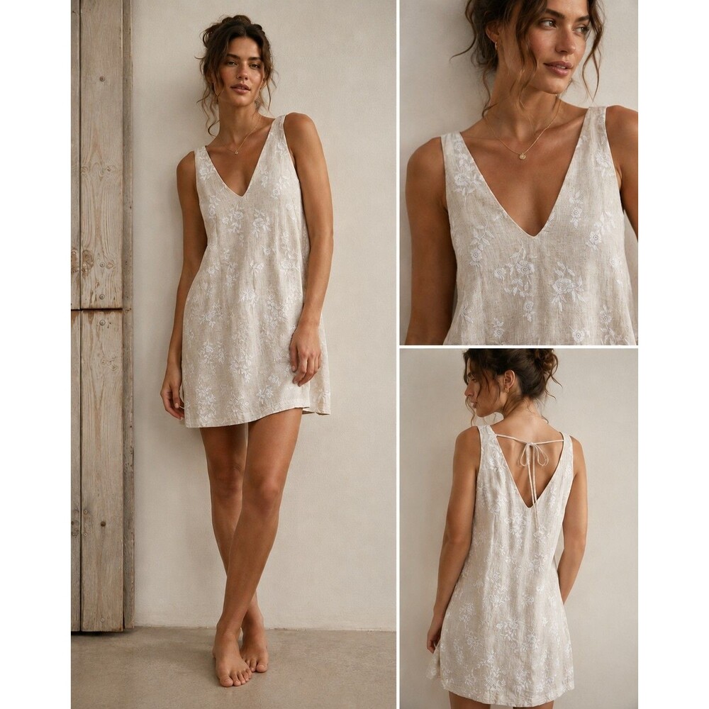 Abercrombie & Fitch Ivory Embroidered V Neck Mini Linen Blend Dress Sexy Sz XLT